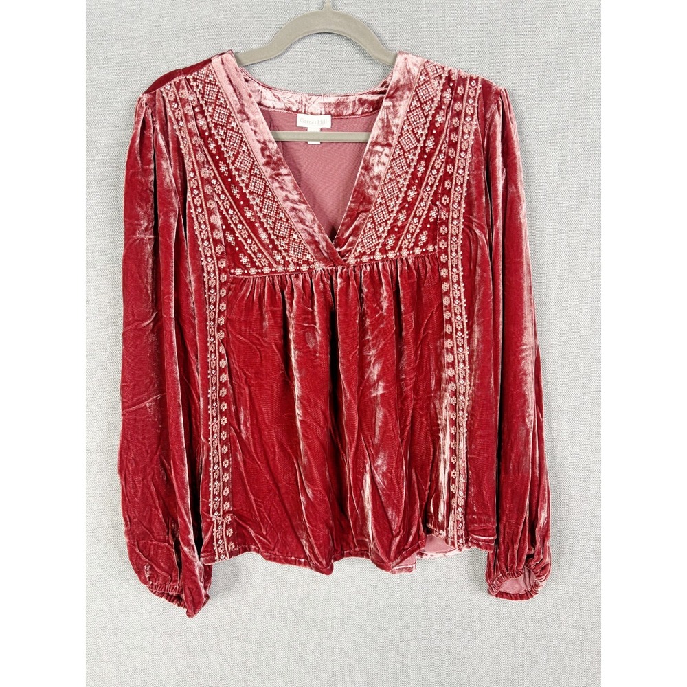 Garnet Hill Top Women 4 Red Crushed Velvet Embroidered Puff Sleeve Babydoll Boho